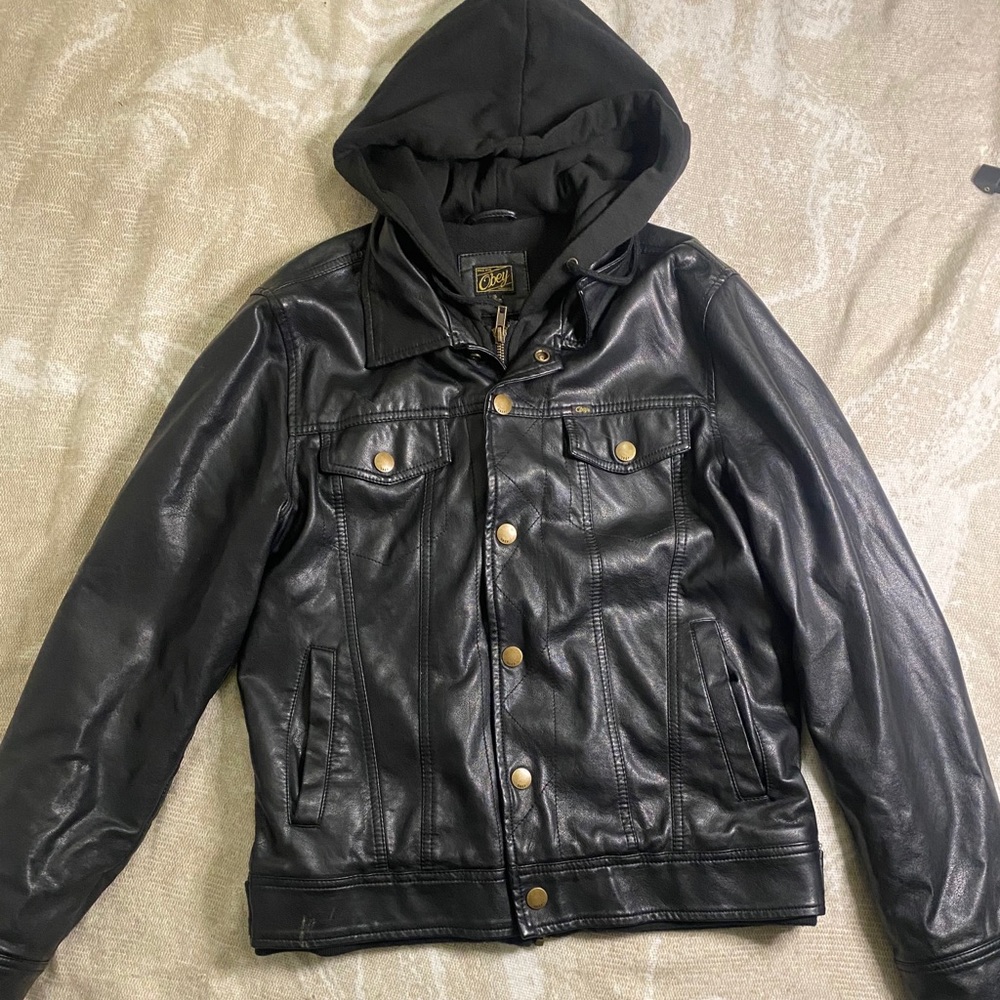 Obey faux leather jacket/zip up with hood (size S)